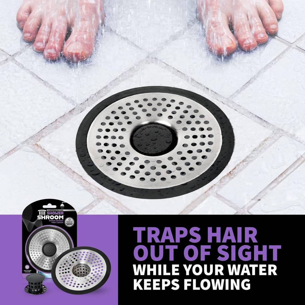 Stainless steel shower drain hair catcher with black rim and perforated screen