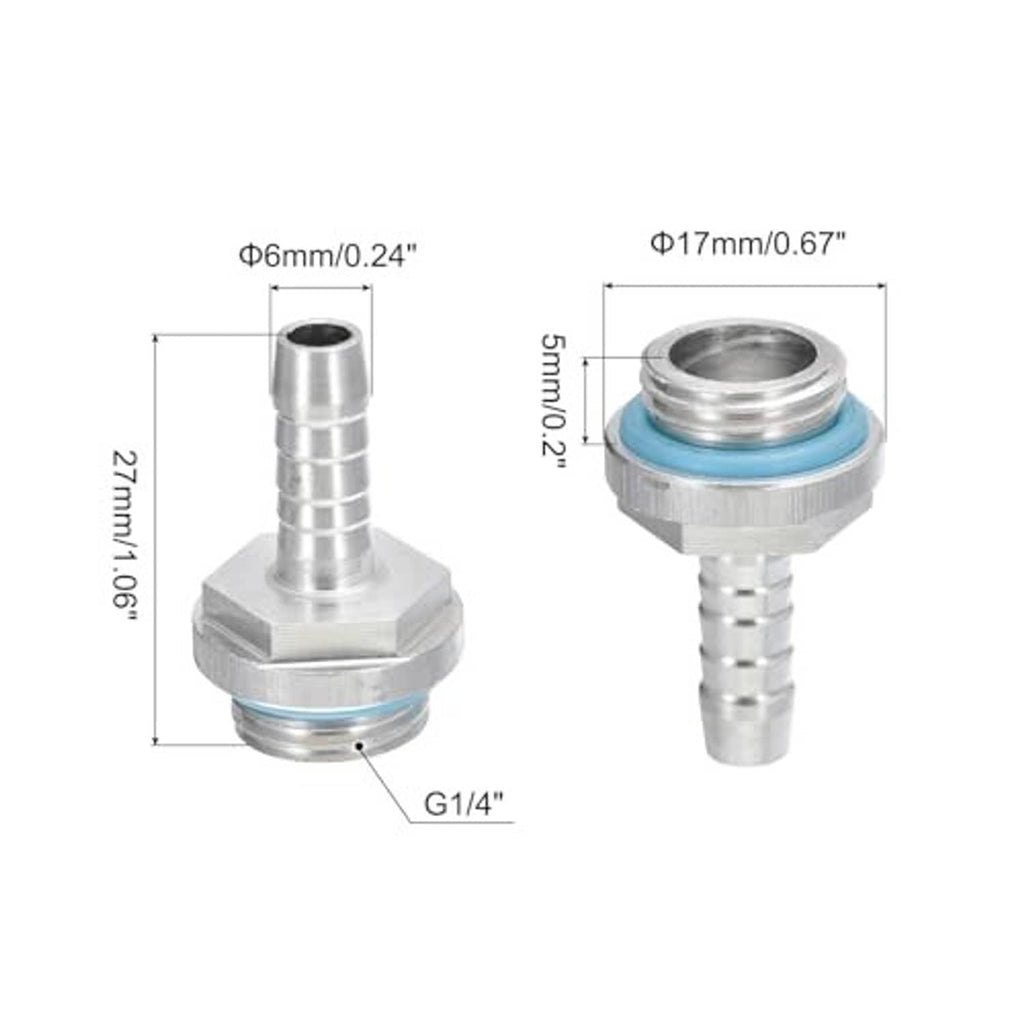 Male G1/4 barbed fitting adapter with blue seal ring, 6mm barb