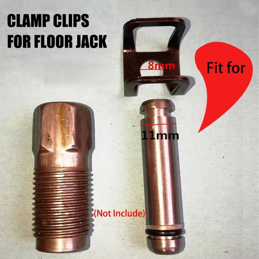 Floor jack clamp clips with copper-colored threaded studs and one black clip