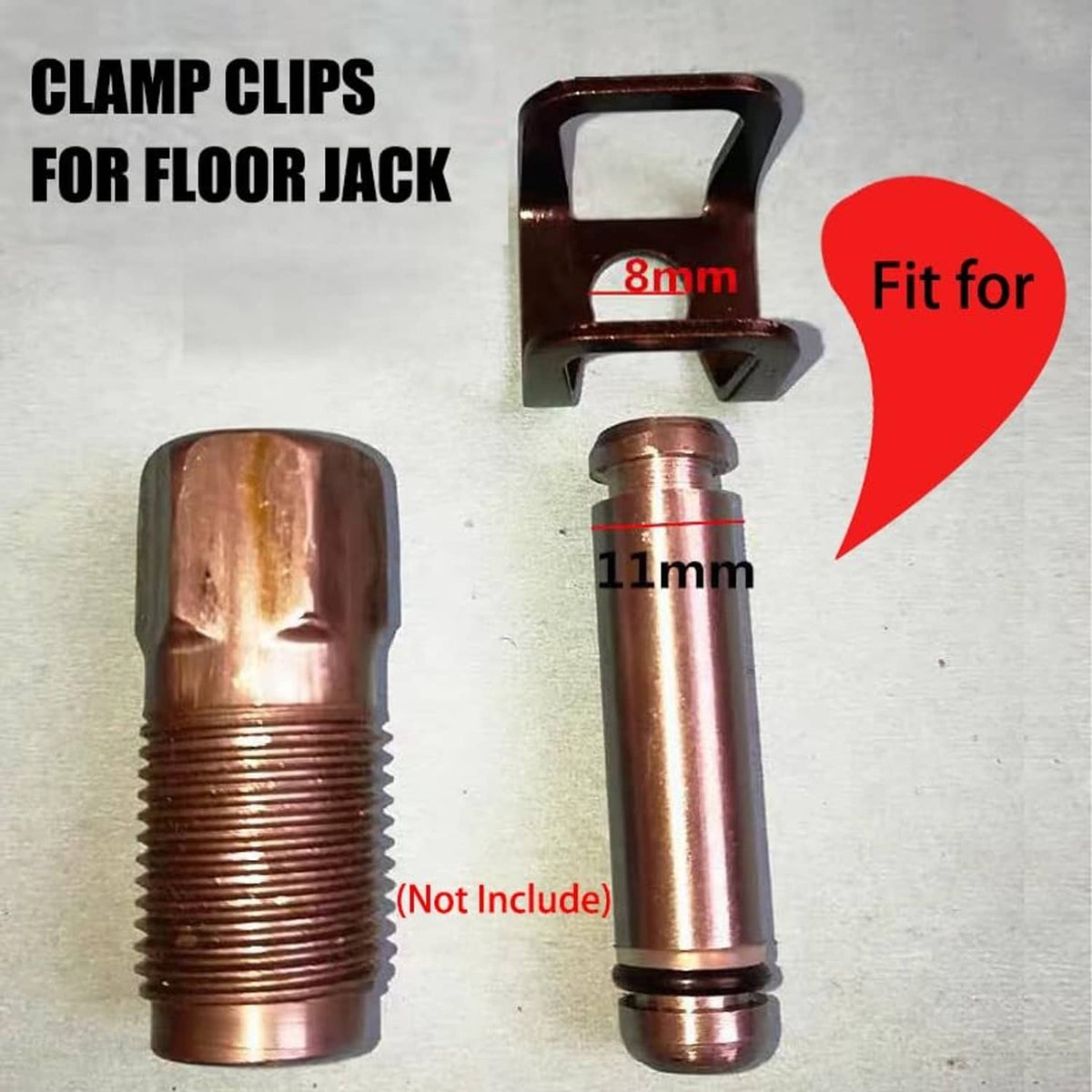 Floor jack clamp clips with copper-colored threaded studs and one black clip