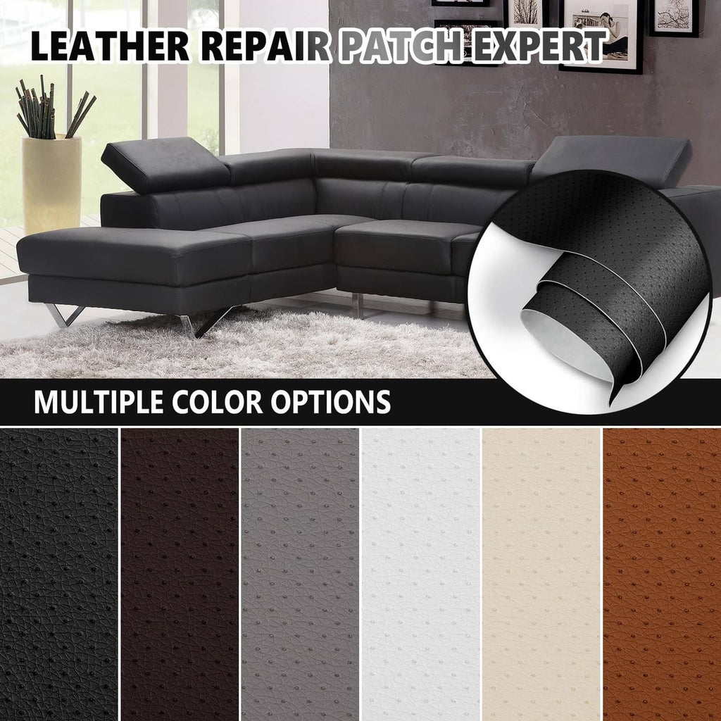 Black perforated leather repair patch roll, self-adhesive backing visible