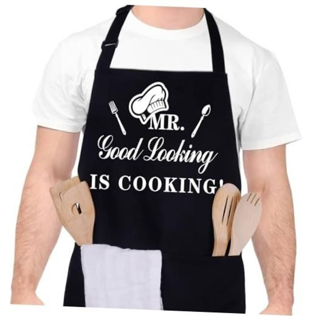 Black kitchen apron with “MR. Good Looking IS COOKING!” graphic and logo tools