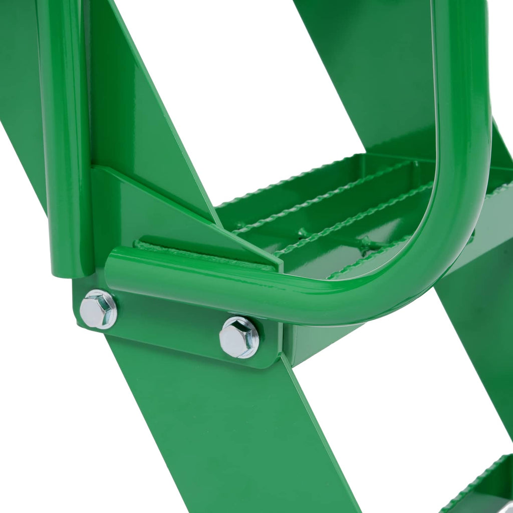 Close-up of green step bracket with braided support and hex bolts for mounting