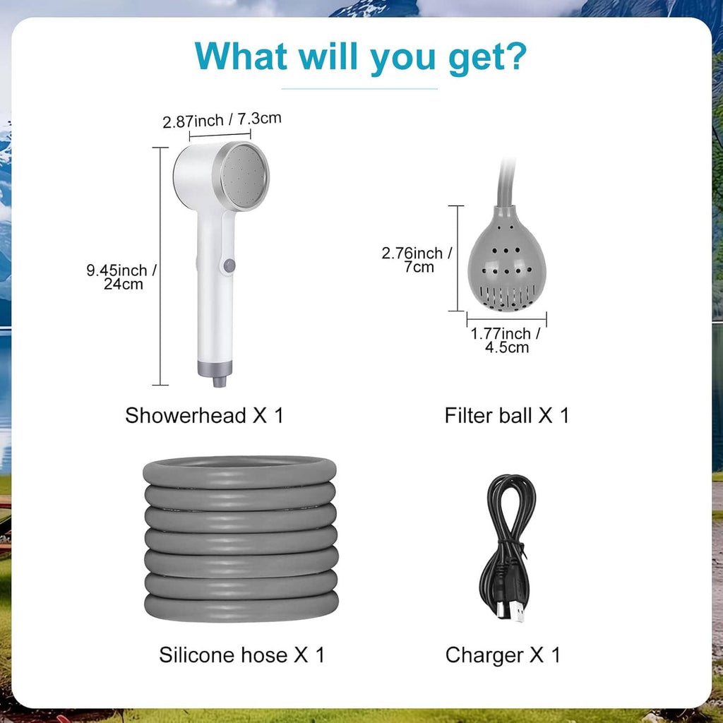 Portable shower set includes handheld showerhead, filter ball, silicone hose, and charger
