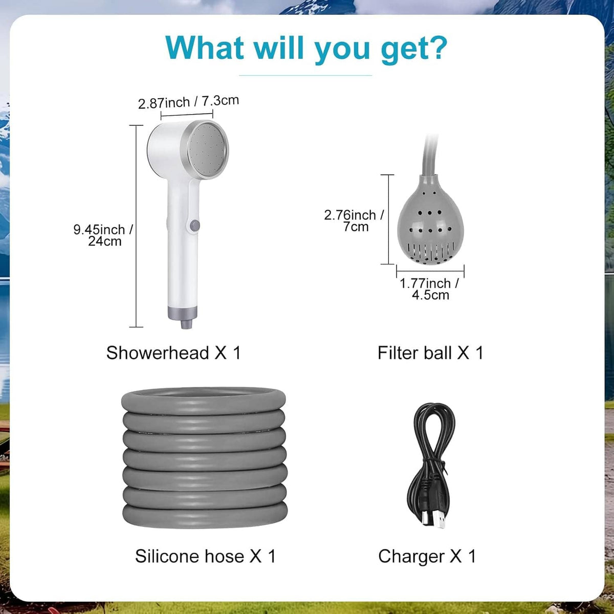 Portable shower set includes handheld showerhead, filter ball, silicone hose, and charger