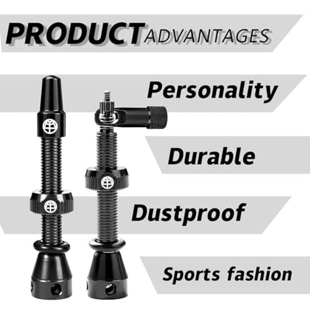 Two black alloy tubeless Presta valve stems with dustproof tops and locking-style caps