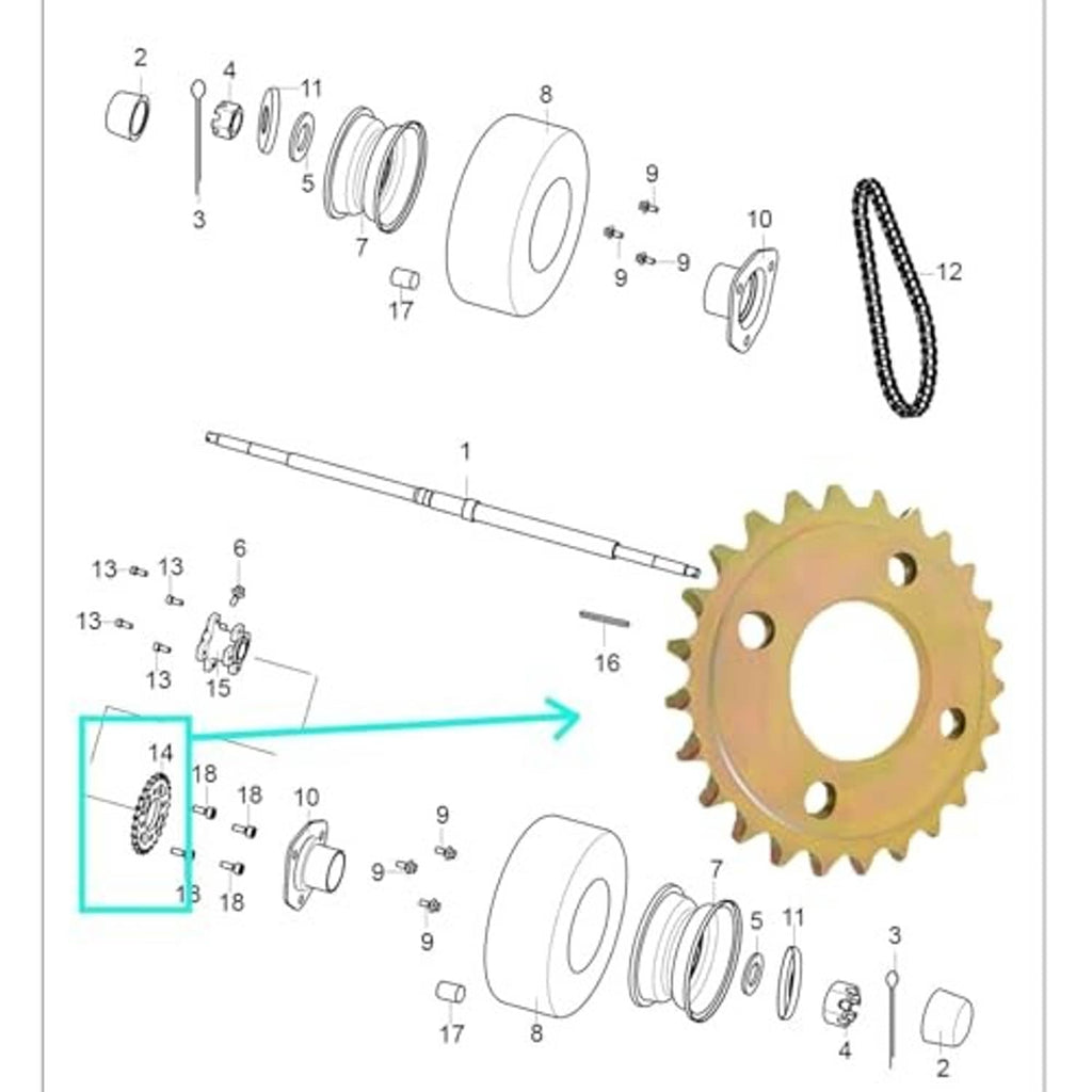 Iridescent gold 25-tooth sprocket with exploded parts diagram for chain drive