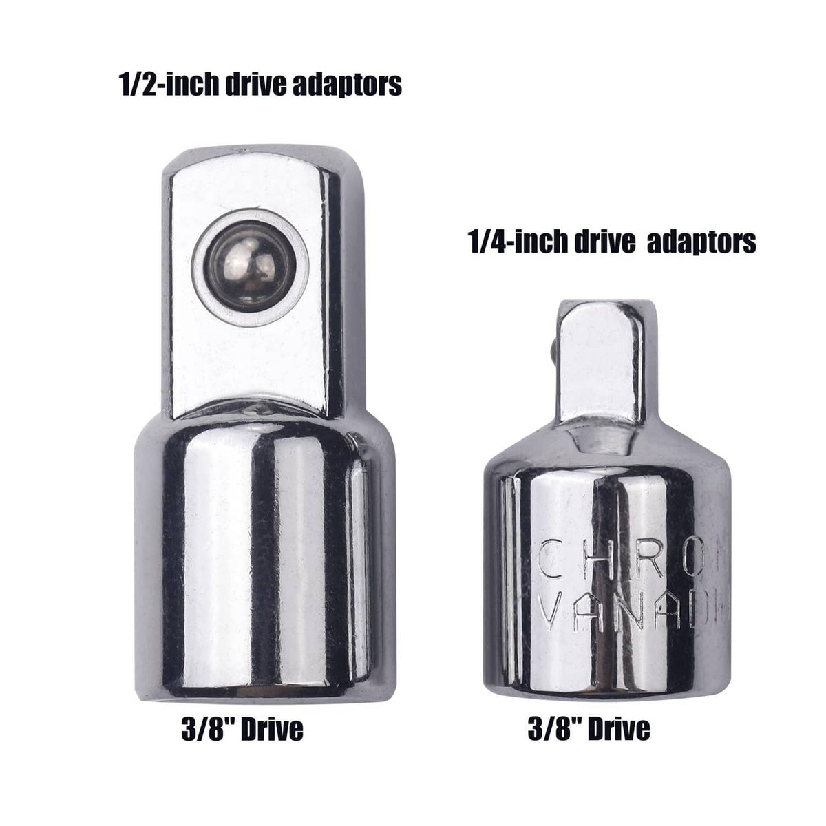 Chrome drive adapter set for 1/2-inch, 1/4-inch, and 3/8-inch sockets