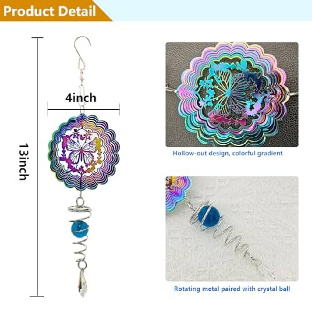 Rainbow mandala wind spinner detail: blue bead, rotating metal coil, clear crystal