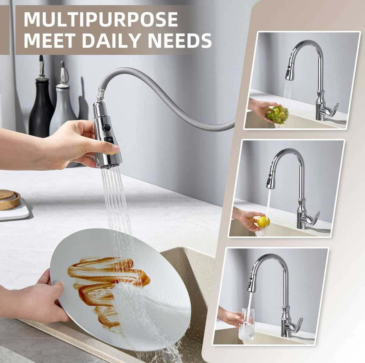 Chrome sink sprayer head delivering a water spray over dishes