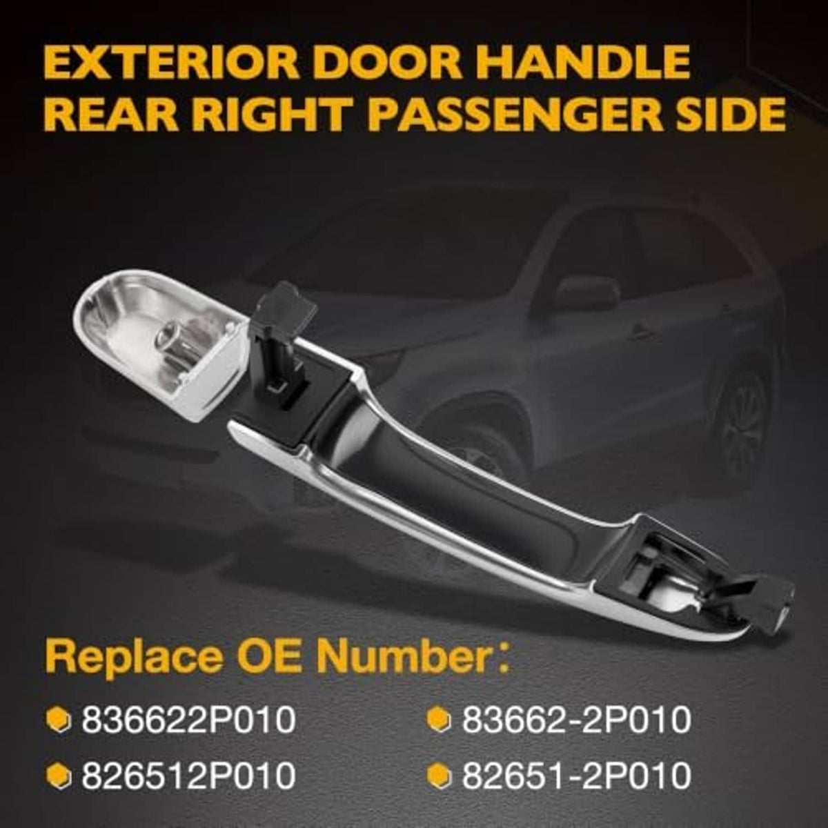Rear right passenger exterior door handle in chrome/silver with mounting housing