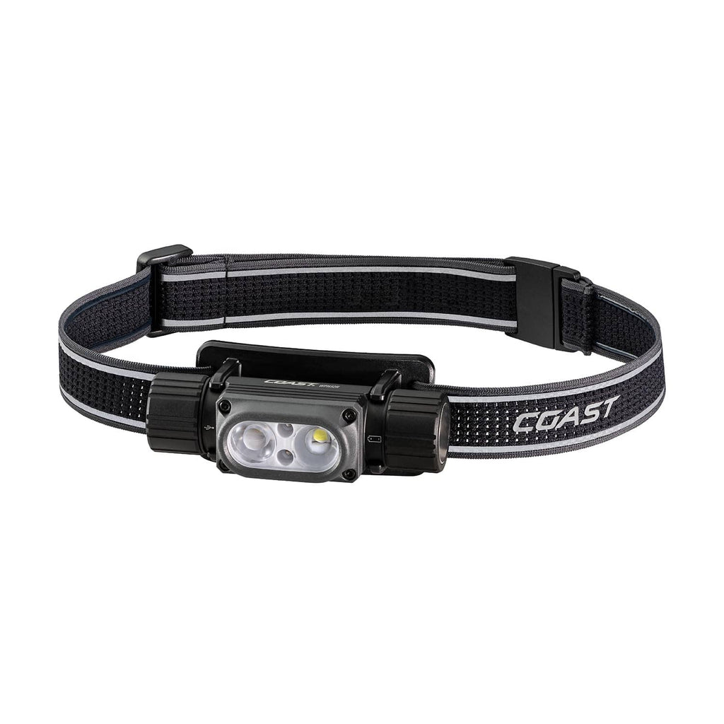 Rechargeable headlamp with black and grey fabric strap and dual front LED light