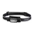 Rechargeable headlamp with black and grey fabric strap and dual front LED light