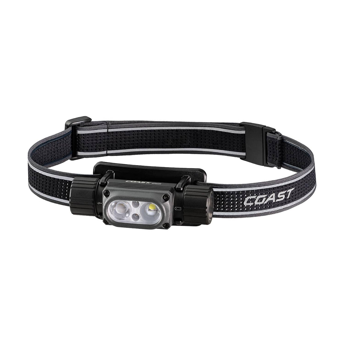 Rechargeable headlamp with black and grey fabric strap and dual front LED light