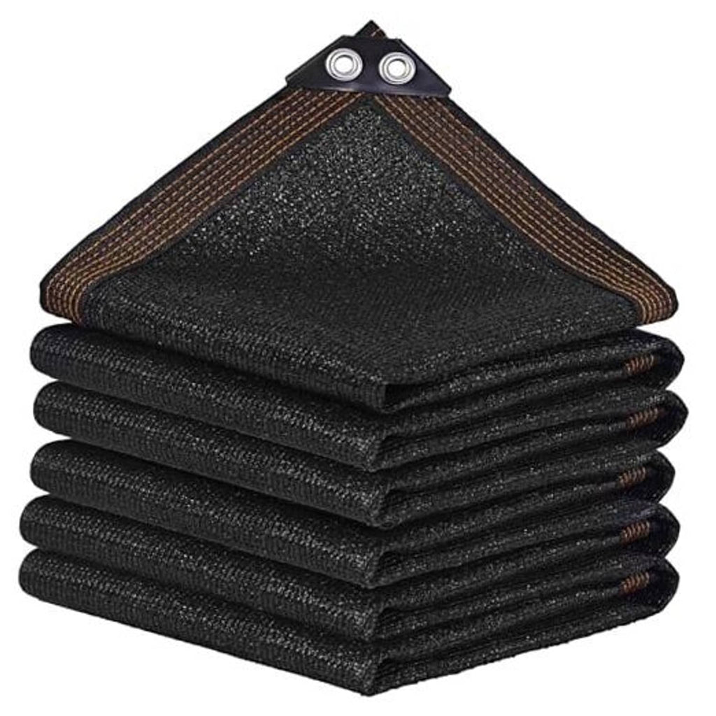Black shade cloth mesh tarp, folded stack with two reinforced grommets