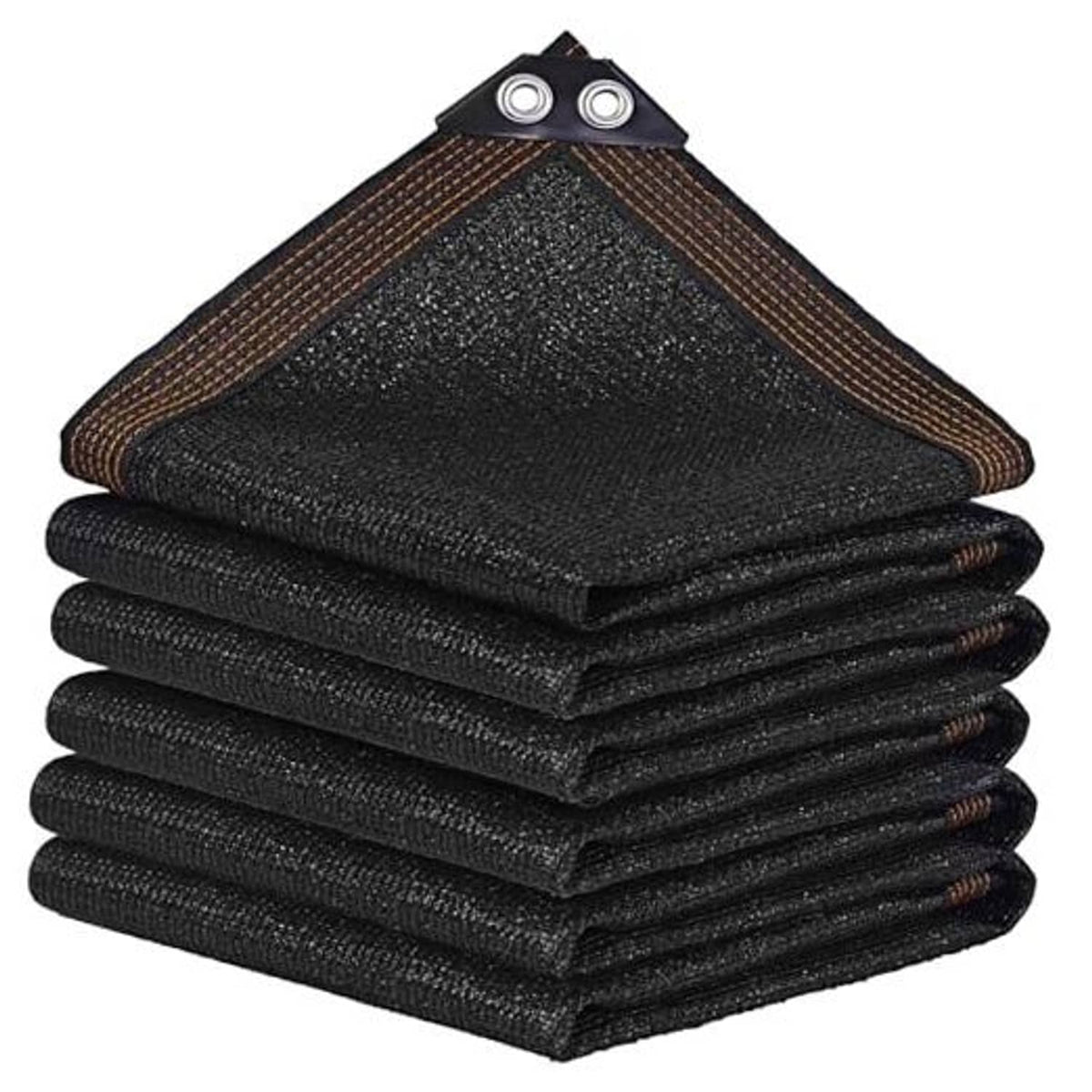 Black shade cloth mesh tarp, folded stack with two reinforced grommets