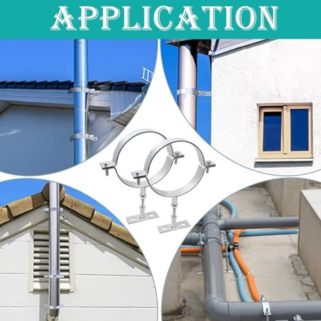 Galvanized split-ring pipe brackets shown installed on exterior plumbing lines.