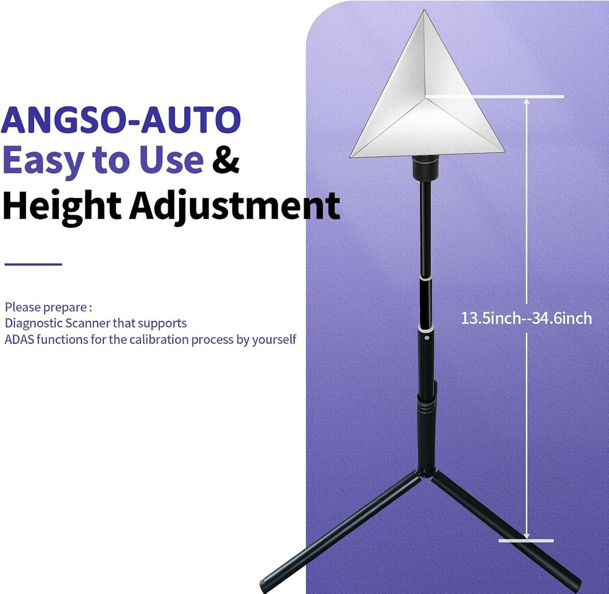 Triangular radar reflector on adjustable black tripod stand with central height section