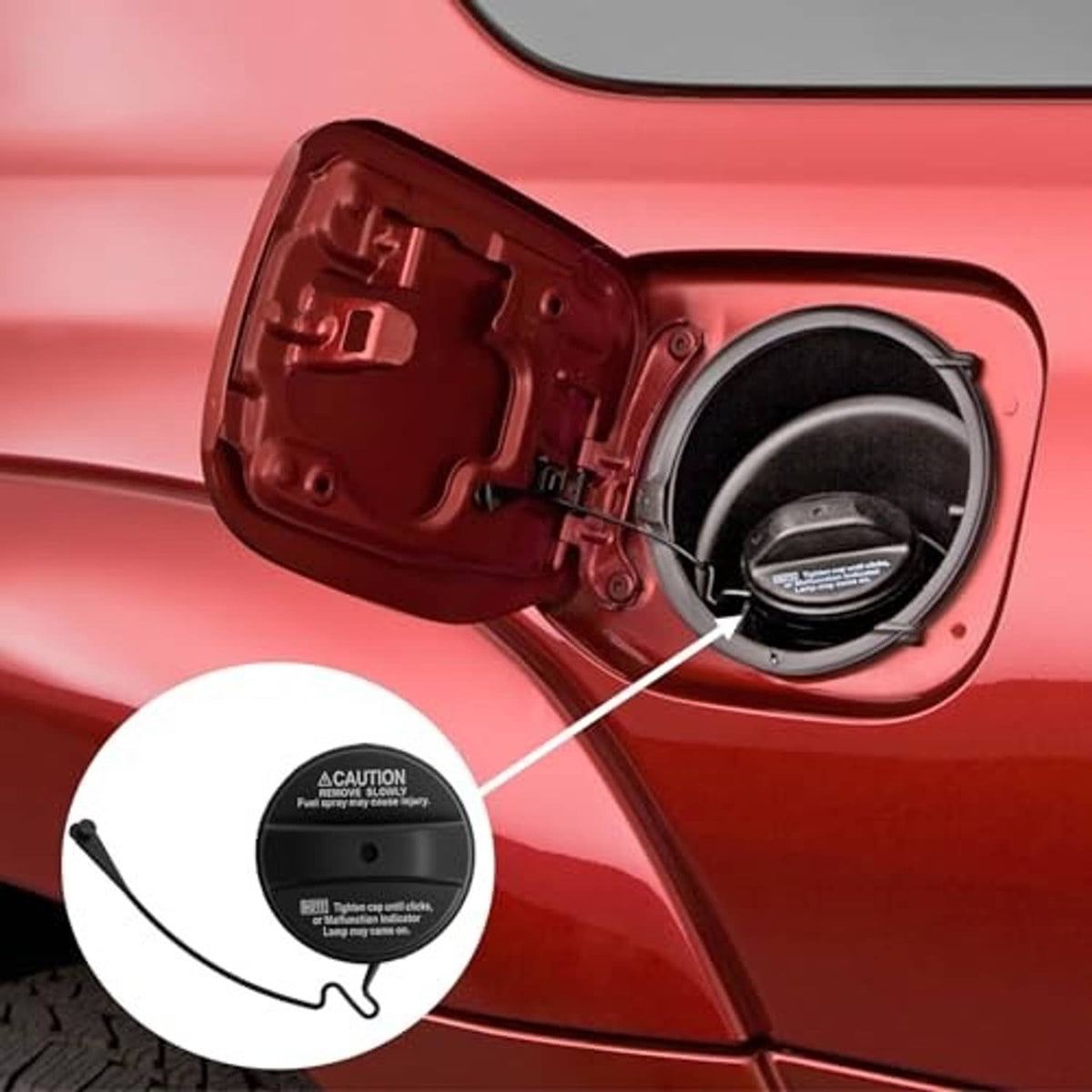 Fuel tank filler cap opened on vehicle fuel door, with caution label and tether strap