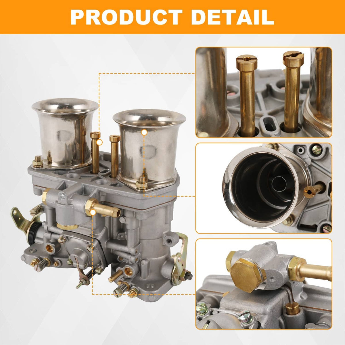 Two-barrel carburetor engine detail view with twin chrome intakes and visible ports