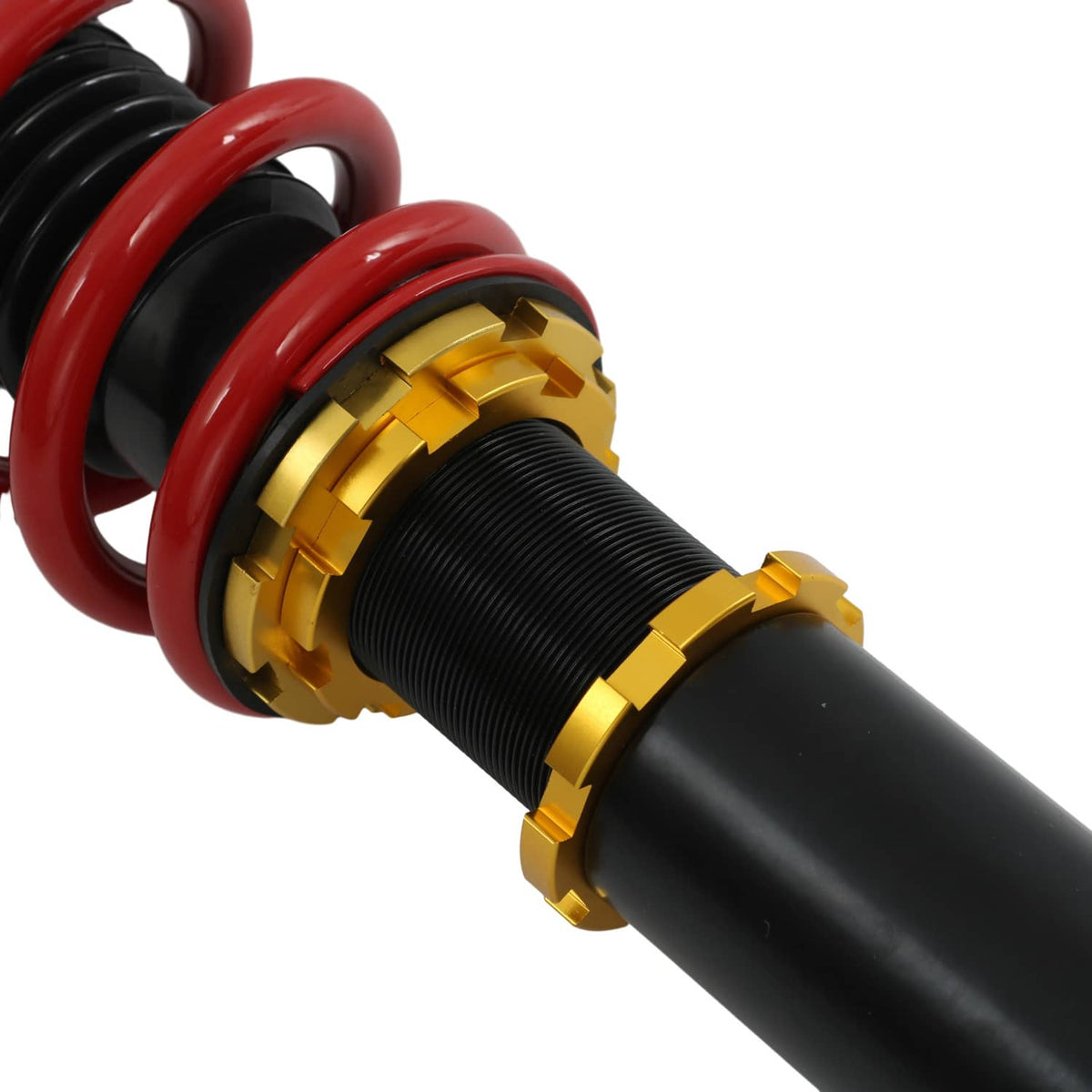 Coilover shock with red spring, gold adjustment collar, and black threaded cylinder