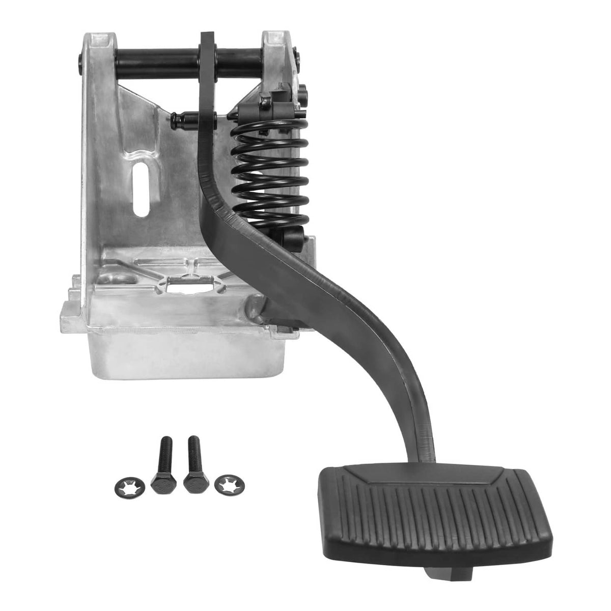 Clutch pedal assembly with metal bracket, black rubber pad, and return spring