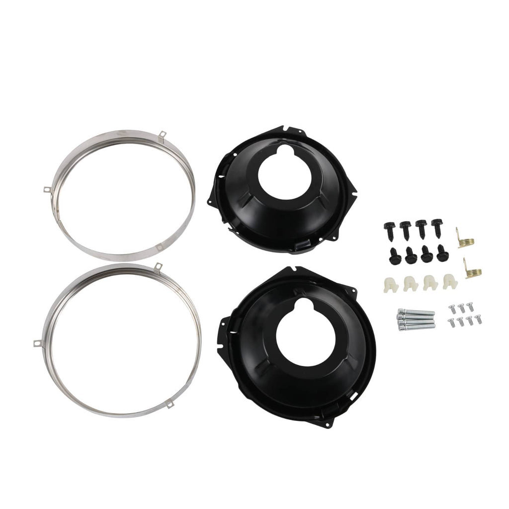 Headlamp mounting bucket kit with metal retaining rings and mixed hardware pieces