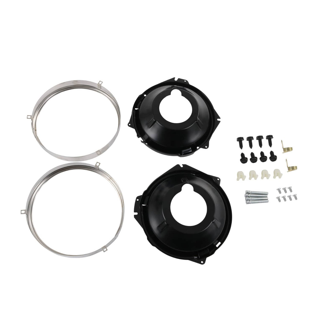 Headlamp mounting bucket kit with metal retaining rings and mixed hardware pieces