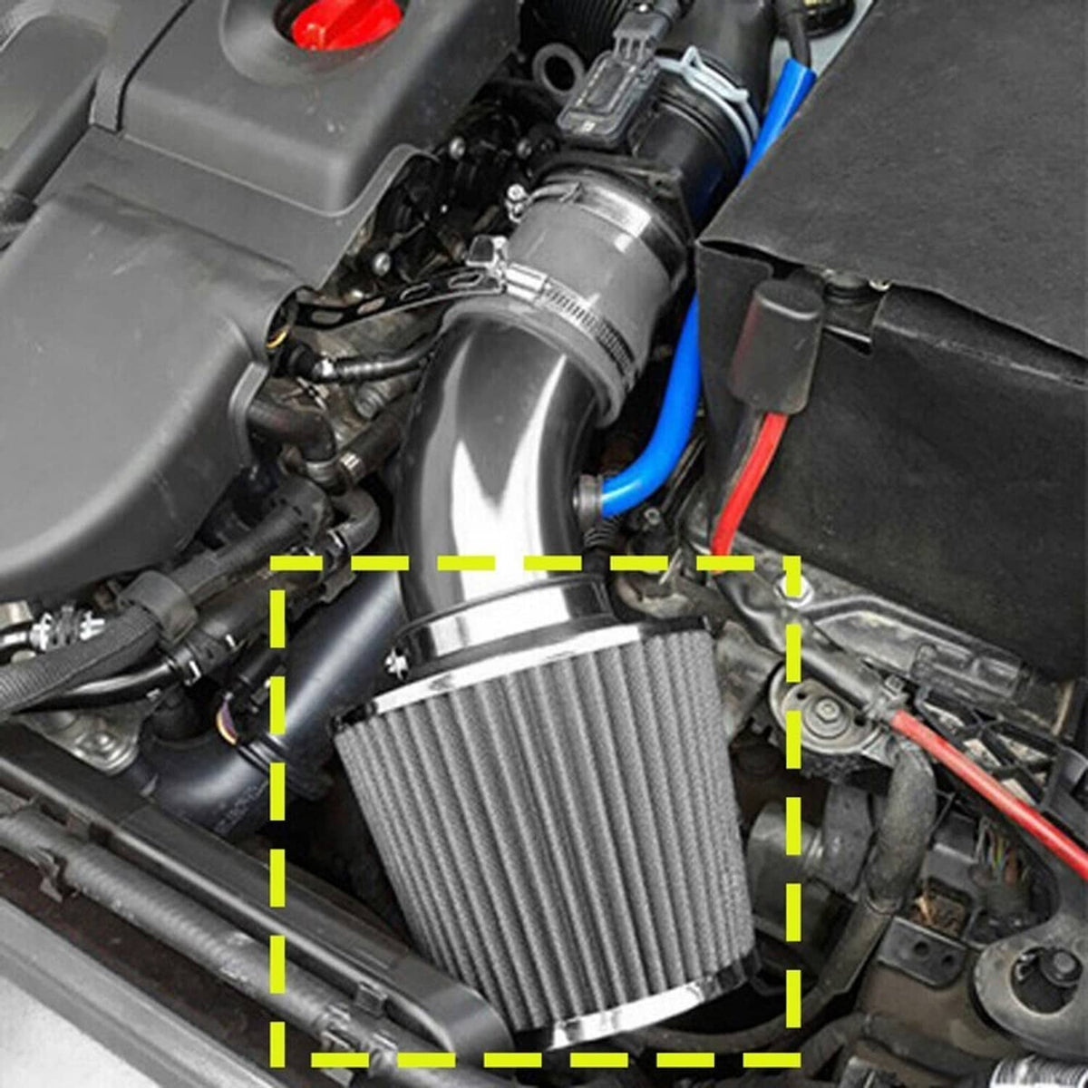 Installed cone air intake dry air filter with dark pleated mesh on engine intake