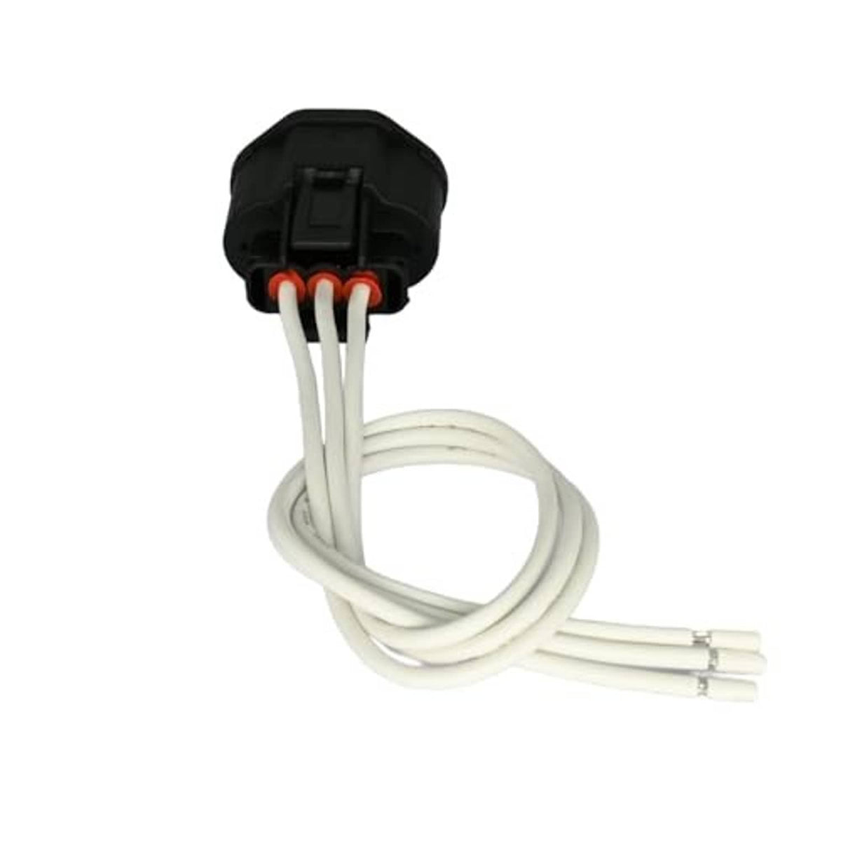 Throttle body sensor connector with black housing, white wires, and three terminals