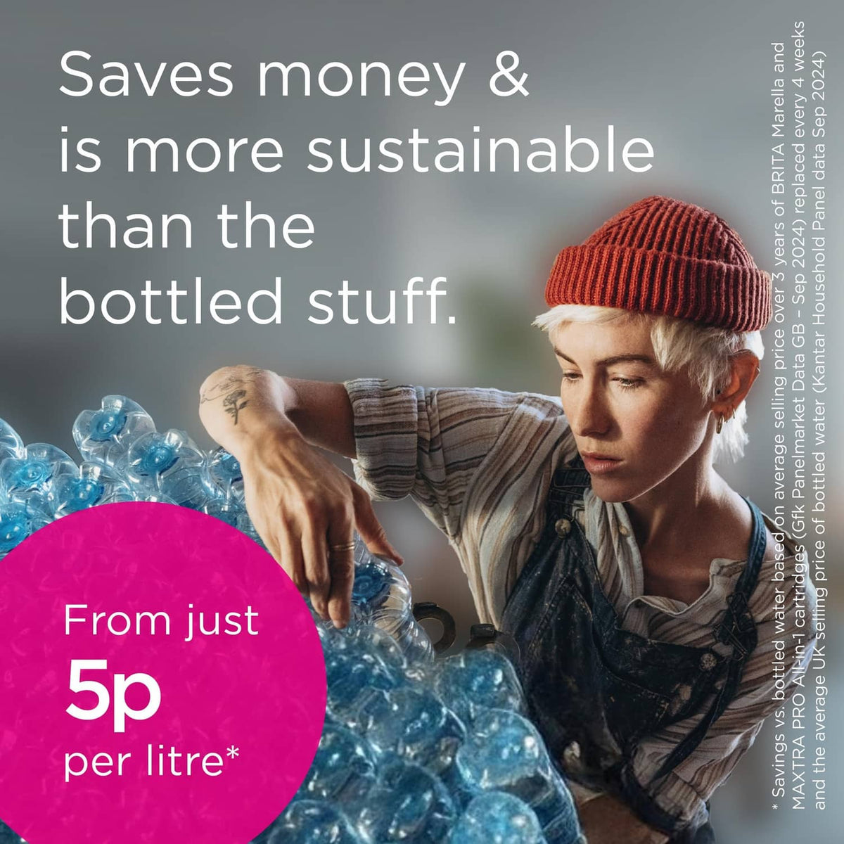 White water filter cartridge shown with a person and bag of bottled water