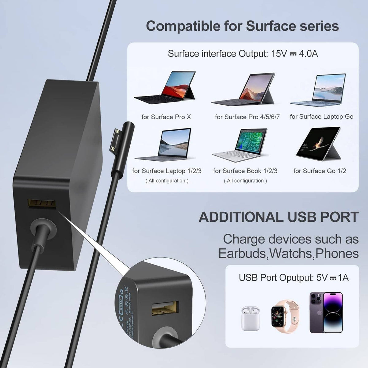 Black Surface-compatible charger with USB output port and power cable