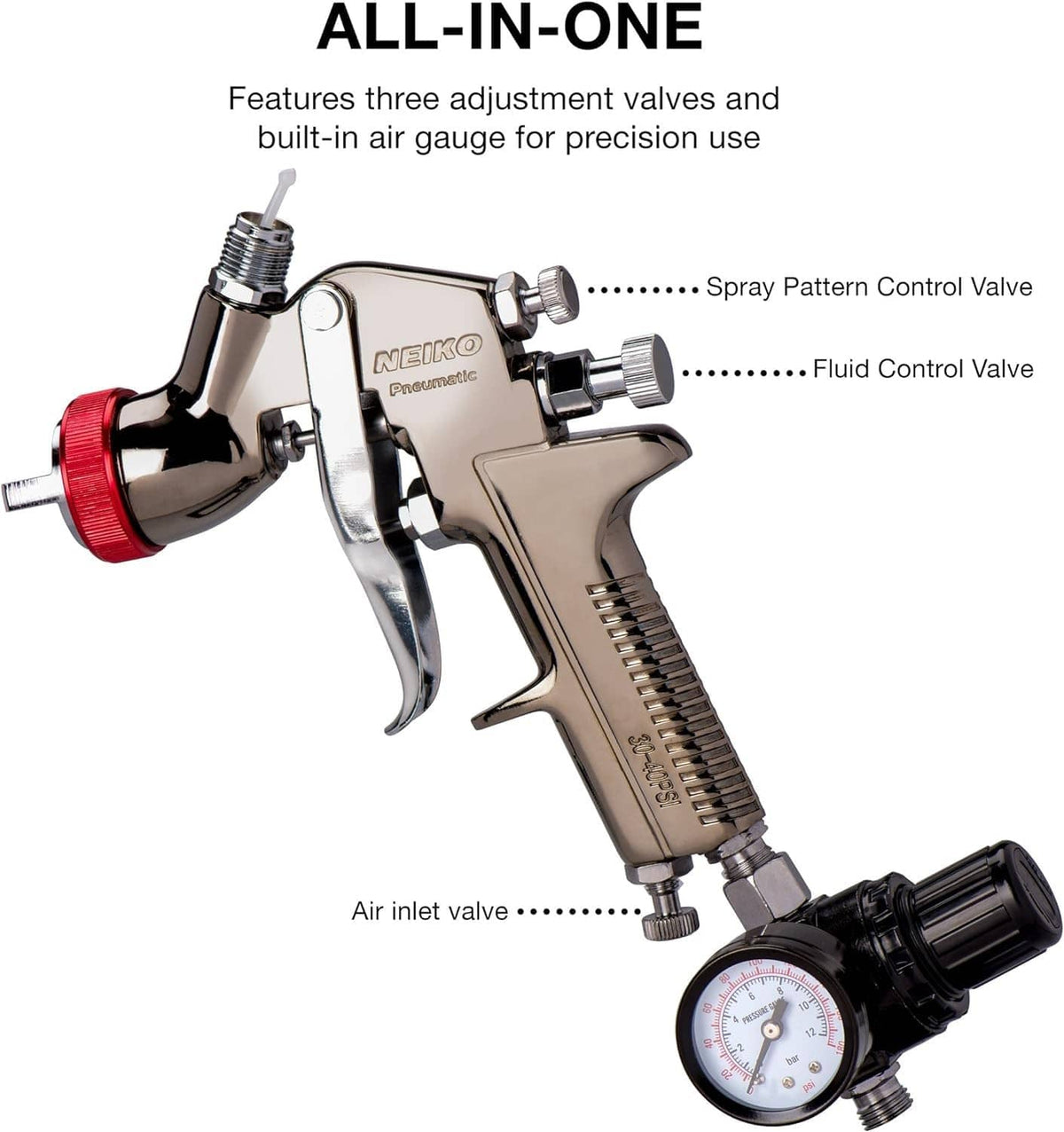 Air spray gun with adjustable controls, built-in valves, and pressure gauge
