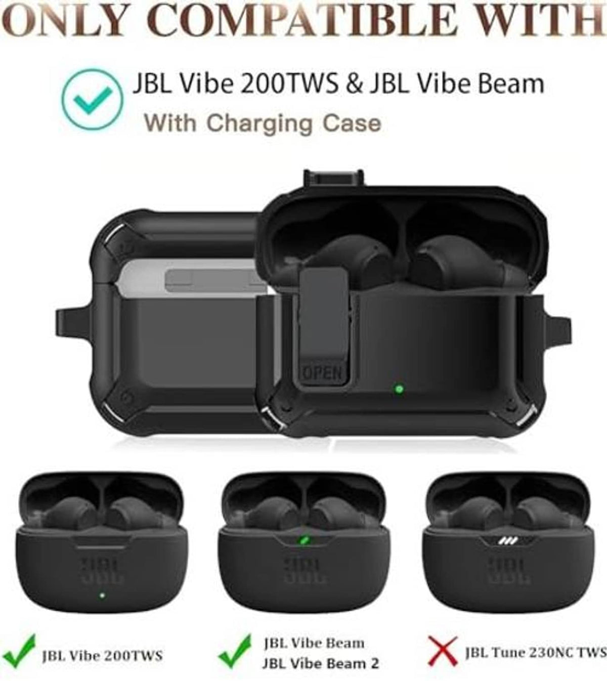 Black earbud case cover with lock tab, shown open and with charging case slots