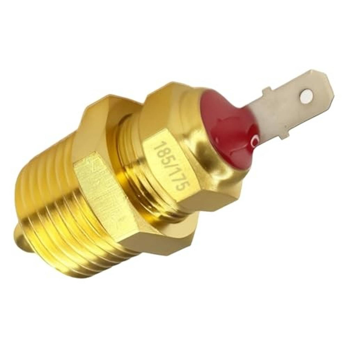 Angled brass electric fan thermostat relay switch with red sensor cap and side mounting plate