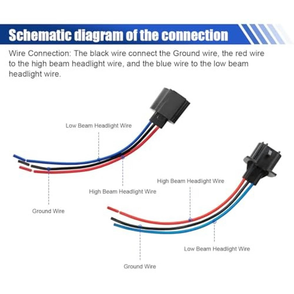 Headlight wiring diagram style connectors with red, blue, white wires and black plug ends