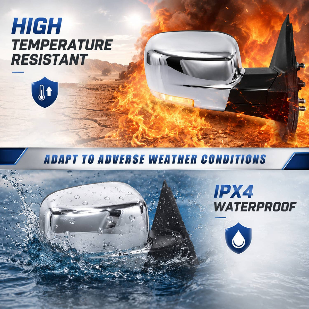 Heated chrome side mirror with clear glass, water-resistant design shown