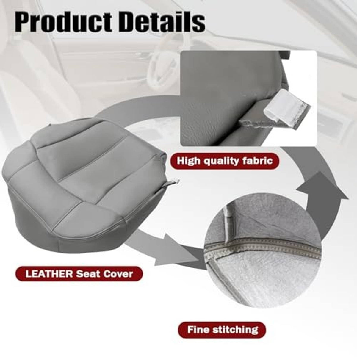 Gray leather seat cover with fine stitching and fabric detail view attachment clip.