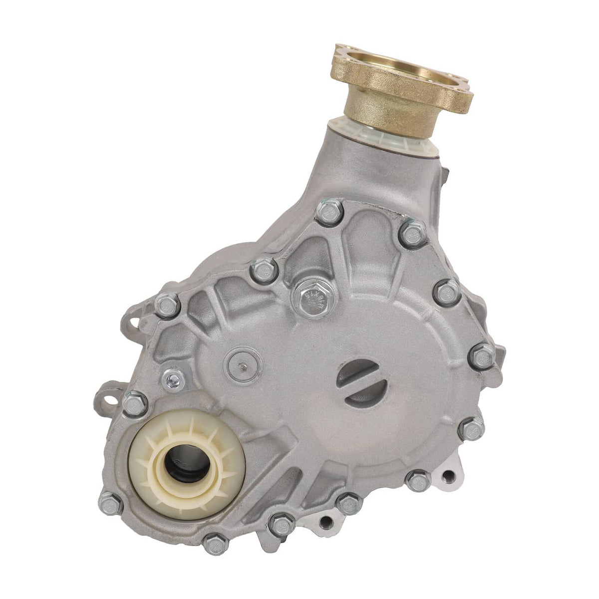 Power take-off assembly housing with beige seal ring and metal fasteners.