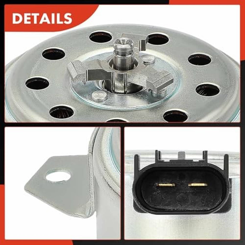 Radiator fan motor close-up with metal top plate and black two-pin connector