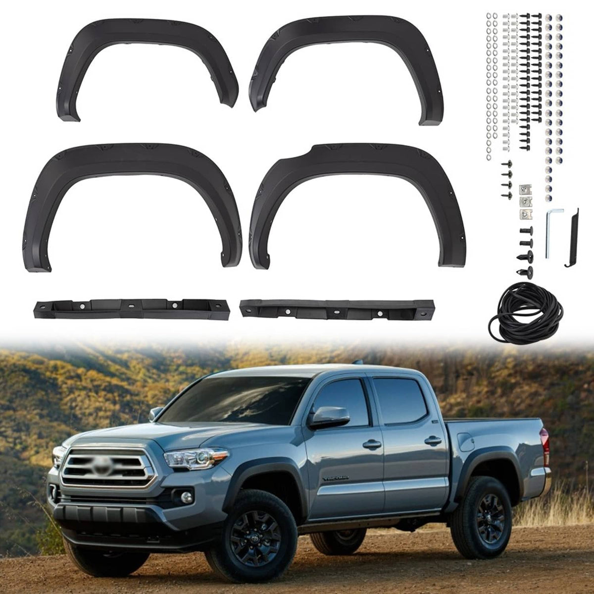 Black front and rear wheel fender flare trim set with installation hardware for pickup