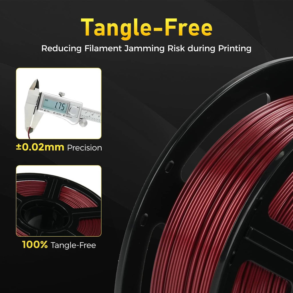 Red metallic filament spool with tangle-free precision and close-up inset details