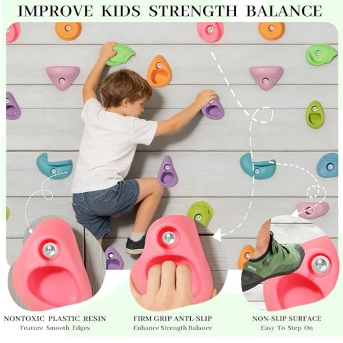 Kids climbing wall grips: colorful plastic holds with circular mounting holes
