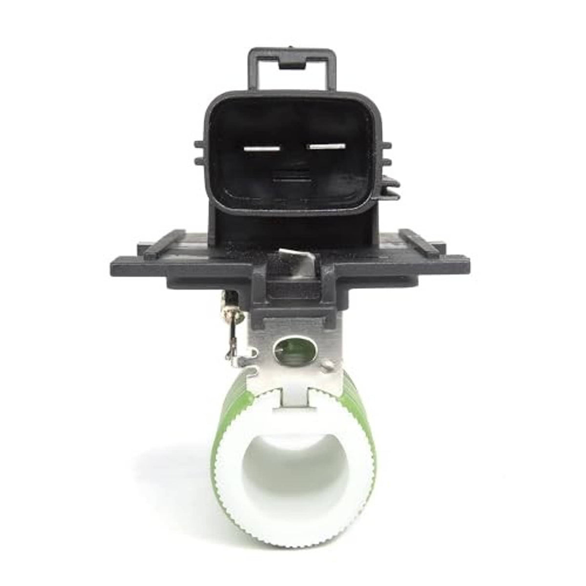 Engine cooling fan motor relay assembly, front view with black connector and white wheel