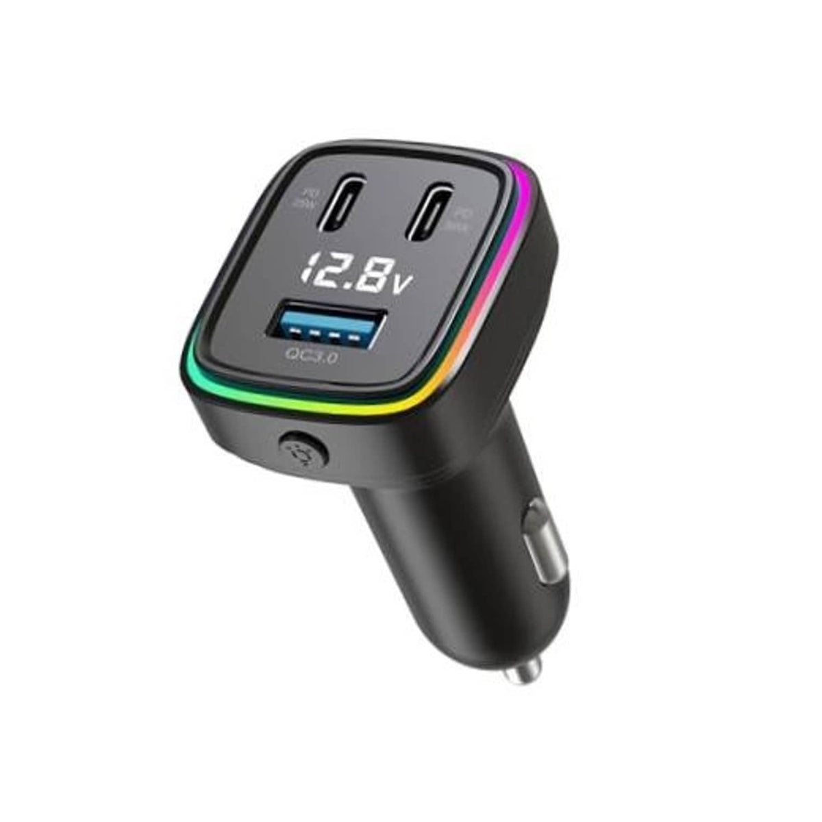Black 3-port car charger adapter with dual USB ports and digital voltage display