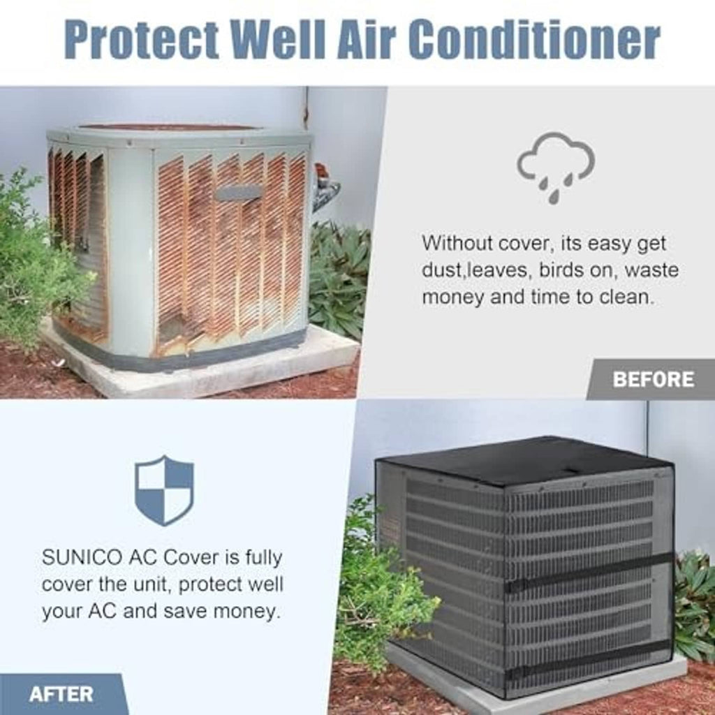 Outdoor AC cover protecting a dark air conditioner with ventilated mesh wrap