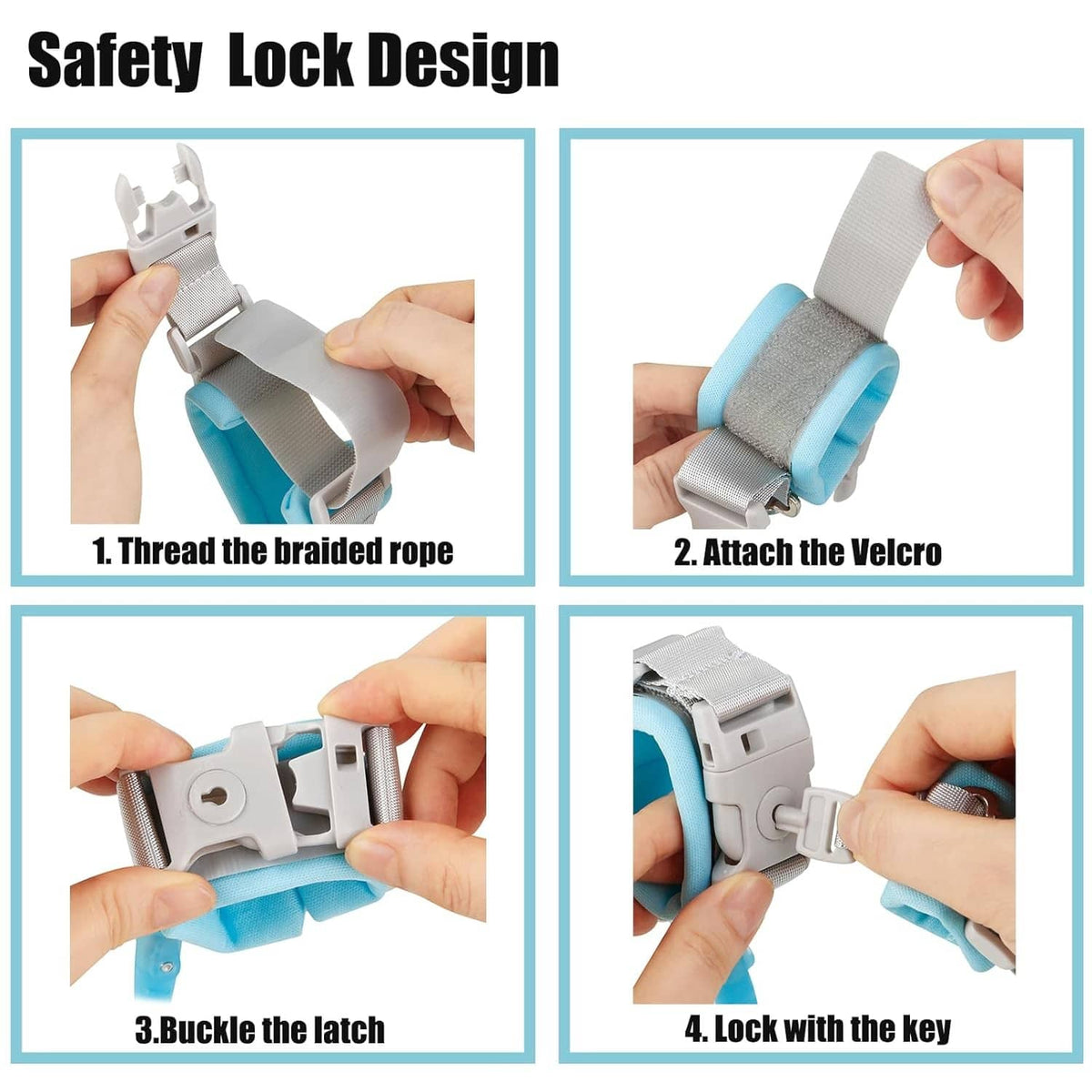 Toddler anti-lost wrist link safety lock with grey buckle and light blue strap