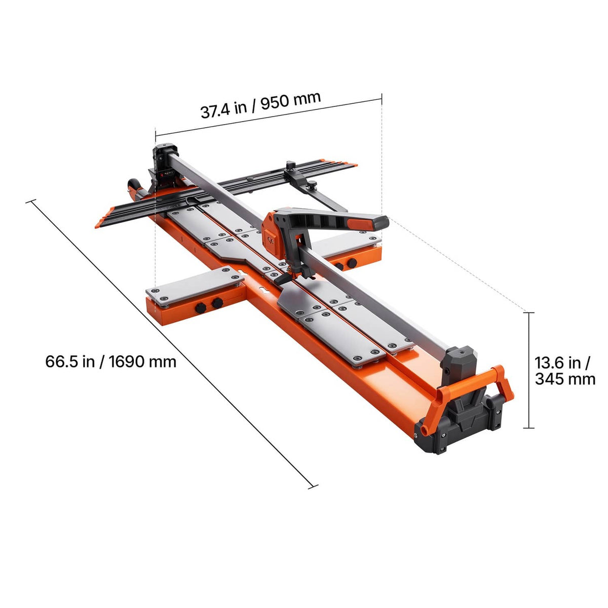 Orange manual tile cutter with labeled length and width dimensions for sizing