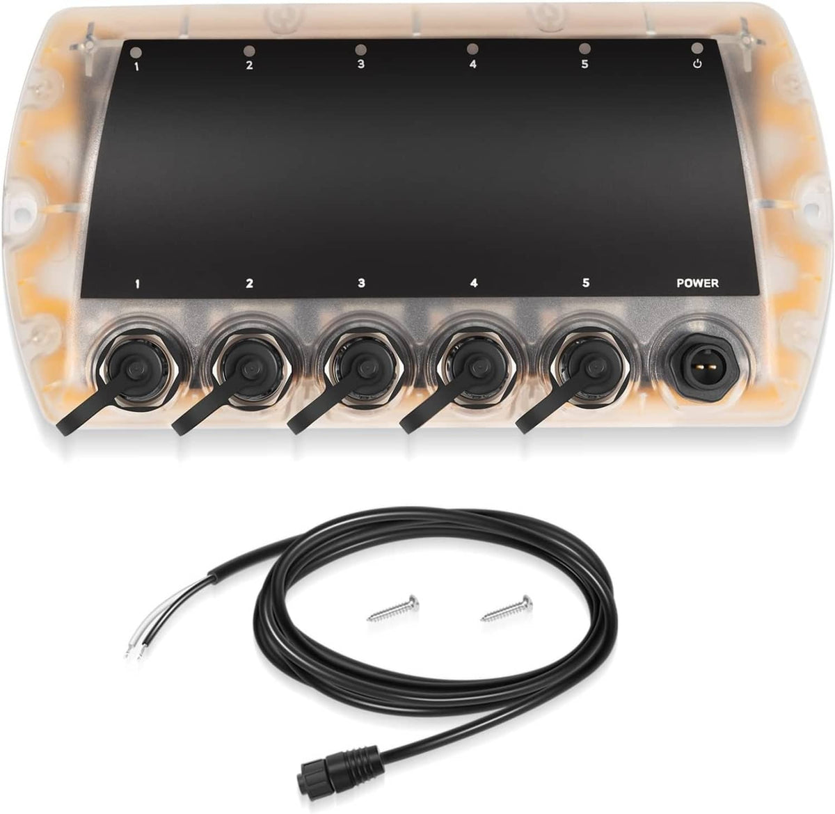 Marine 5-port Ethernet switch with black port cluster and bundled cable