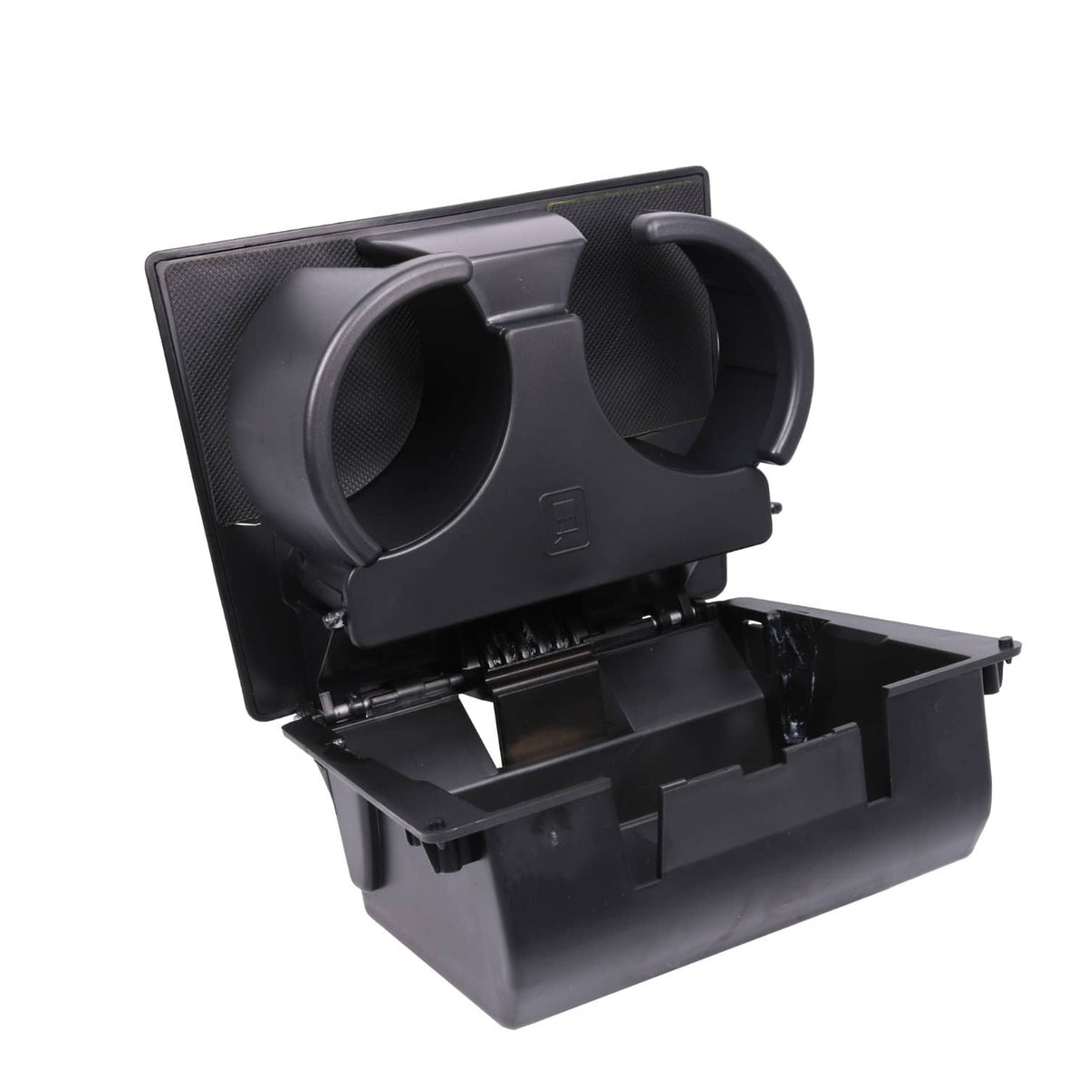 Black front dual cup holder open view with two cup holders and outer housing